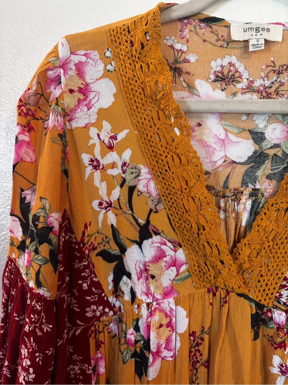 Umgee Mustard and Maroon Floral Crochet V-Neck Tunic - Picture 3 of 10